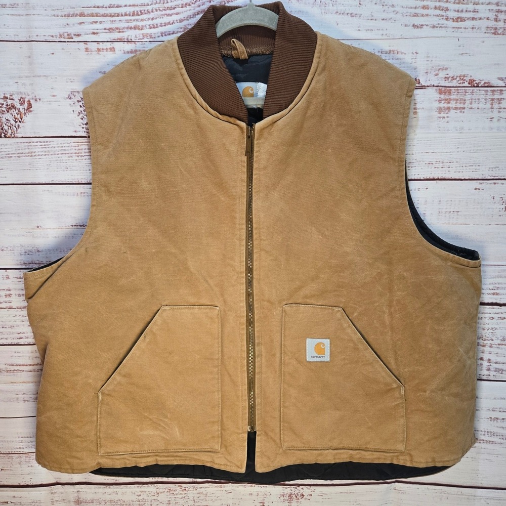 Carhartt Mens Tan Quilted Sherpa Lined Vest Work Utility Pockets Size Large